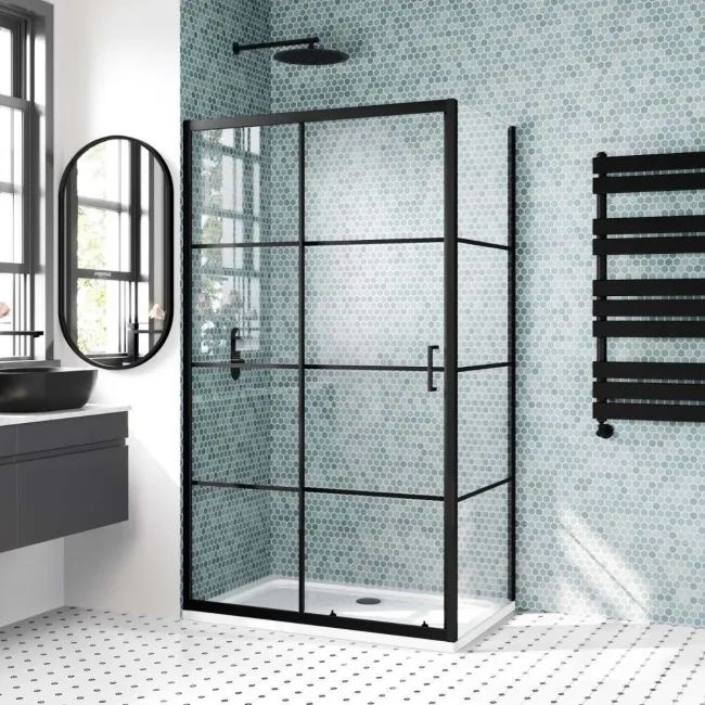 London Matt Black Grid 6mm Sliding Shower Enclosure 1100x700mm