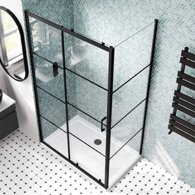 London Matt Black Grid 6mm Sliding Shower Enclosure 1100x700mm