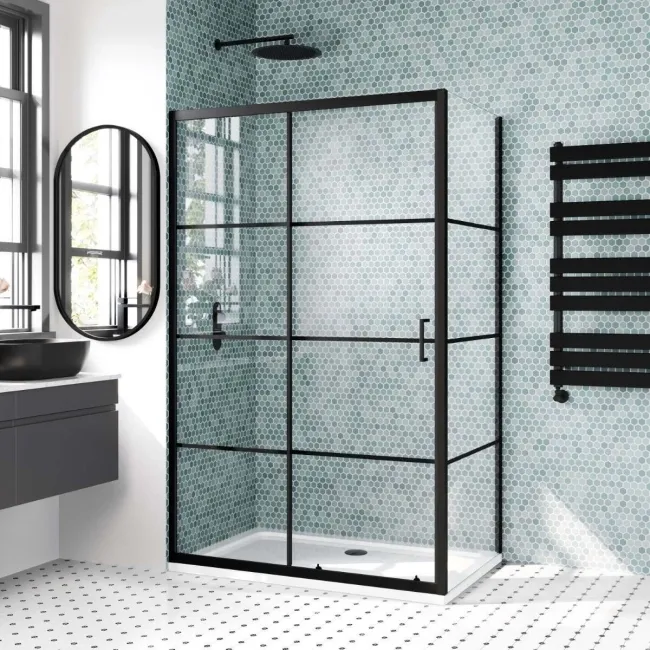 London Matt Black Grid 6mm Sliding Shower Enclosure 1200x700mm