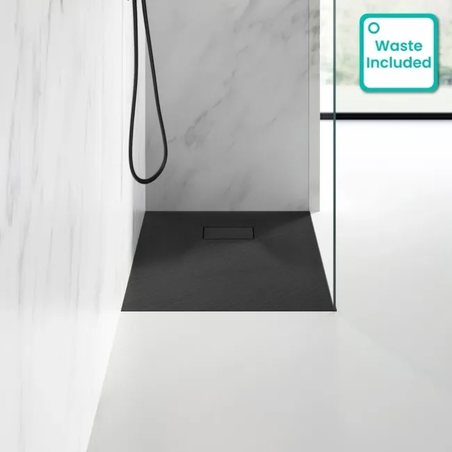 Berlin Rectangular Matt Black Slate Effect SMC Composite Shower Tray 900x700mm