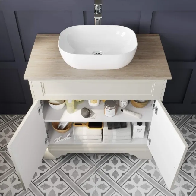 Lucia Chalk White Vanity With Oak Effect Top & Curved Counter Top Basin 840mm