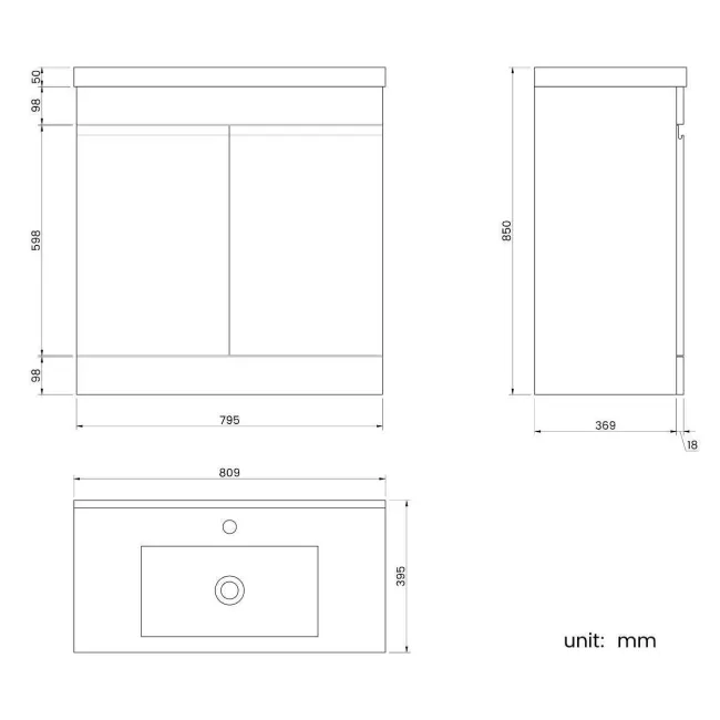 Trent Gloss White Basin Vanity 800mm