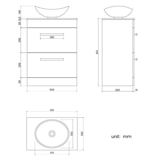 Avon Stone Grey Vanity Drawer with Marble Top & Oval Counter Top Basin 600mm
