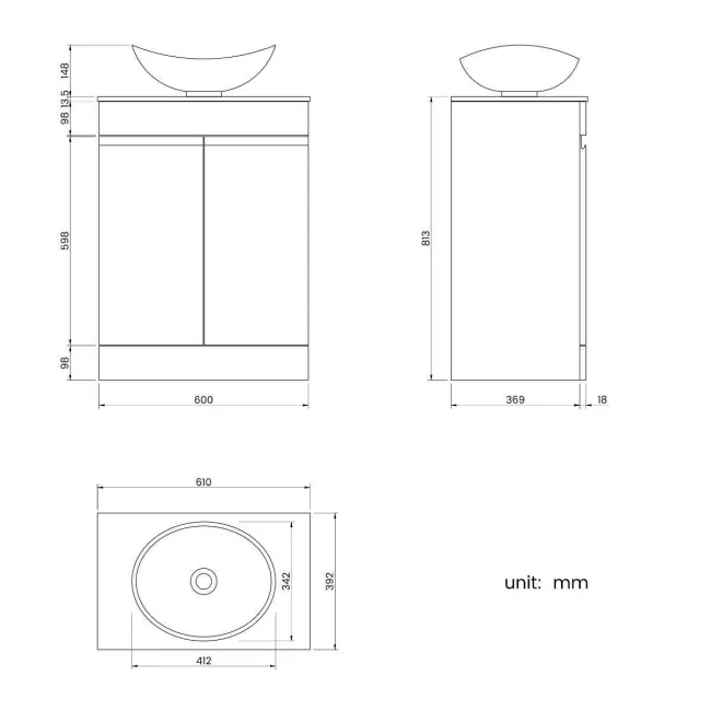 Trent Gloss White Vanity with Marble Top & Oval Counter Top Basin 600mm