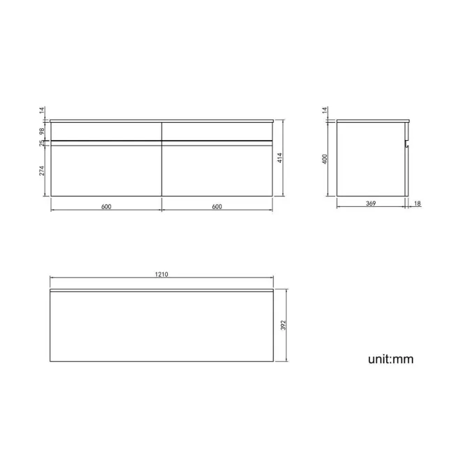 Trent Stone Grey Wall Hung Drawer with Marble Top 1200mm - Excludes Counter Top Basins