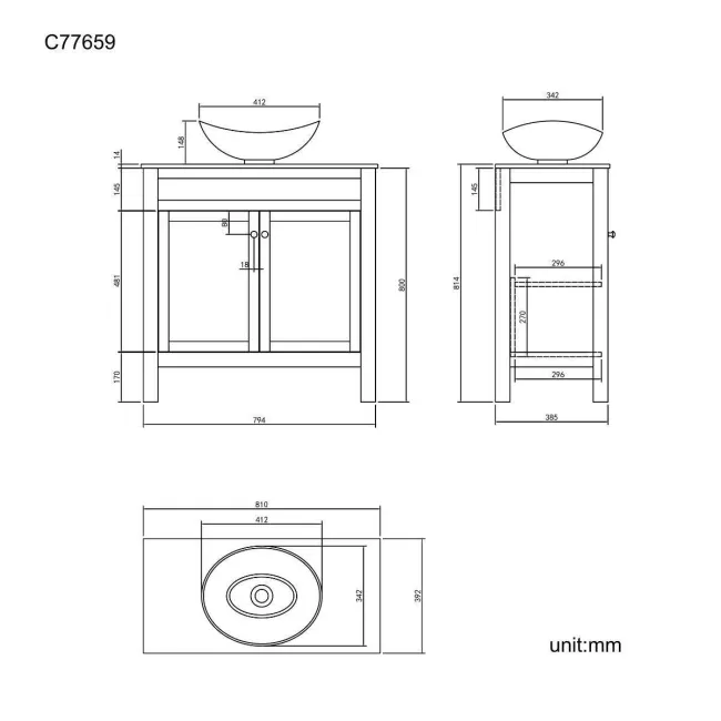 Bermuda Graphite Grey Vanity with Marble Top & Oval Counter Top Basin 800mm