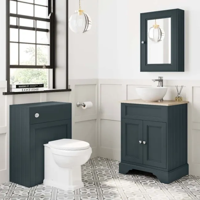 Lucia Inky Blue Vanity with Oak Effect Top & Round Counter Top Basin 640mm