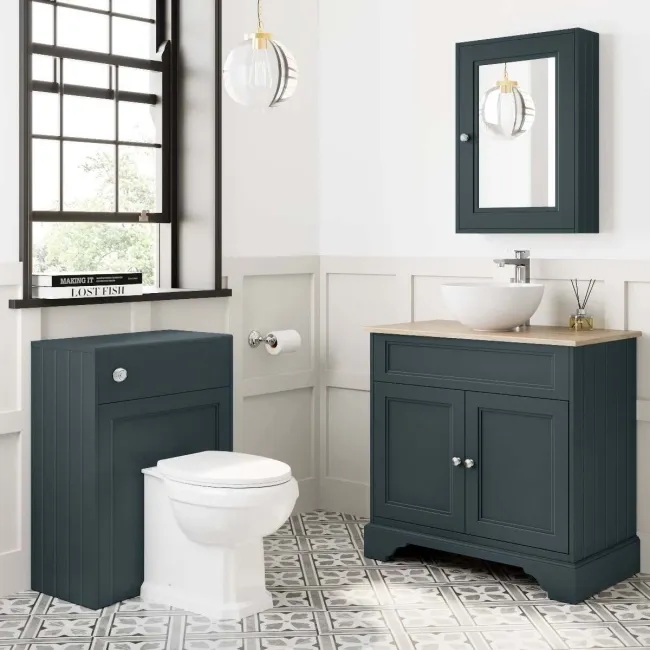 Lucia Inky Blue Vanity with Oak Effect Top & Round Counter Top Basin 840mm