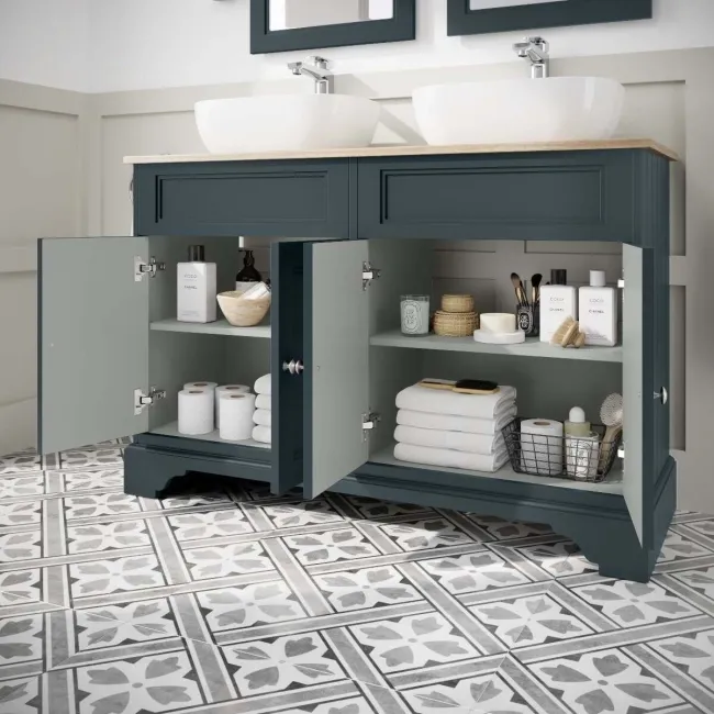 Lucia Inky Blue Double Vanity with Oak Effect Top & Curved Counter Top Basin 1200mm