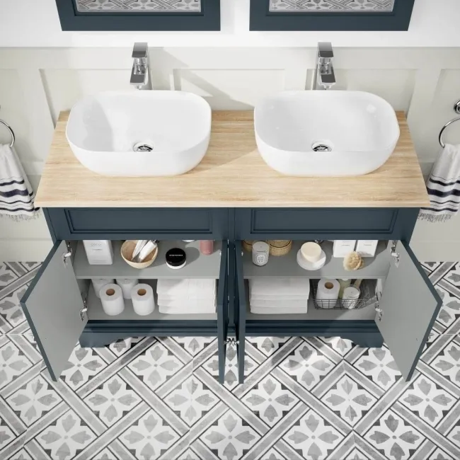 Lucia Inky Blue Double Vanity with Oak Effect Top & Curved Counter Top Basin 1200mm