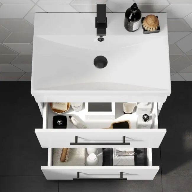 Avon Gloss White Basin Drawer Vanity 600mm - Black Accents