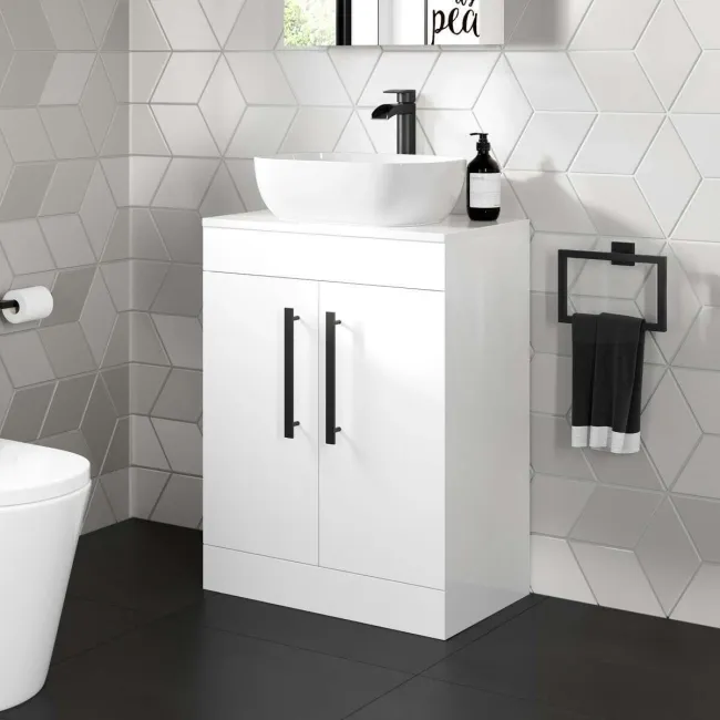 Avon Gloss White Vanity with Curved Counter Top Basin 600mm - Black Accents