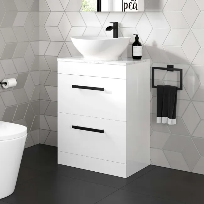 Avon Gloss White Vanity Drawer with Marble Top & Oval Counter Top Basin 600mm - Black Accents