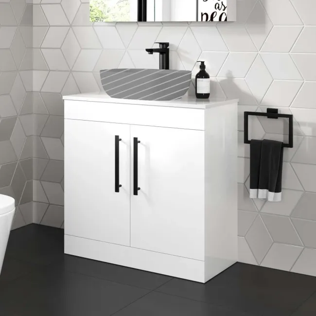 Avon Gloss White Counter Top Vanity 800mm - Black Accents