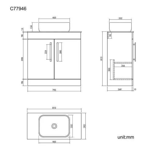 Avon Stone Grey Vanity with Marble Top & Curved Counter Top Basin 800mm - Black Accents