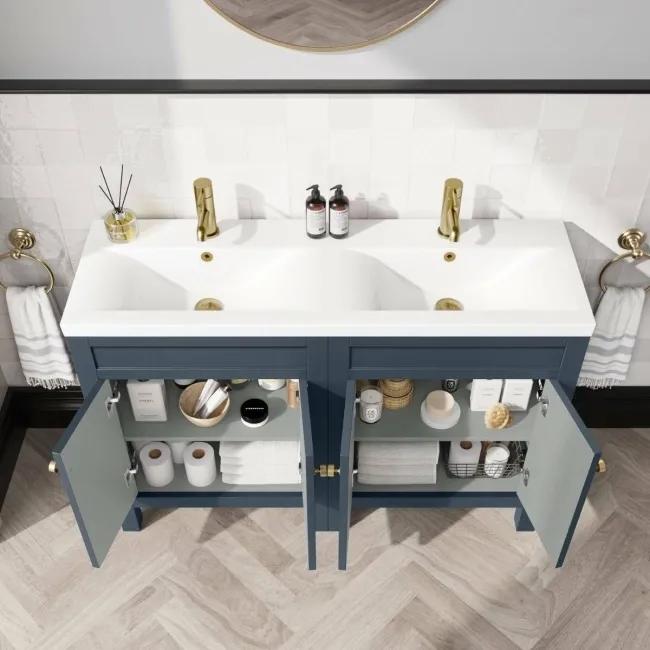 Bermuda Inky Blue Double Basin Vanity 1200mm - Brushed Brass Accents
