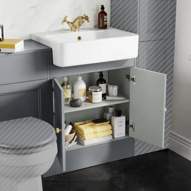 Monaco Dove Grey Basin Vanity and Back To Wall Toilet Unit 1200mm (Excludes Pan & Cistern) - Brushed Brass Accents