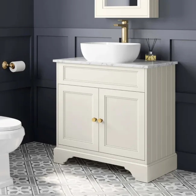 Lucia Chalk White Vanity with Marble Top & Curved Counter Top Basin 840mm - Brushed Brass Accents