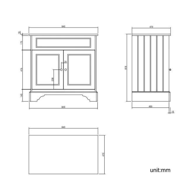 Lucia Inky Blue Vanity with Oak Effect Top & Round Counter Top Basin 840mm - Brushed Brass Accents