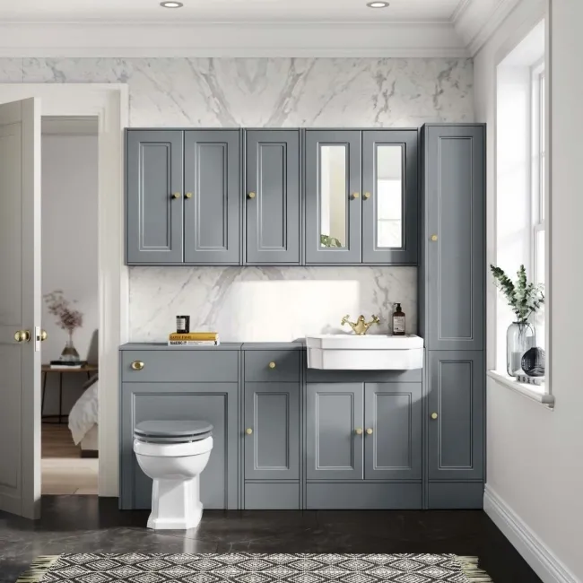Monaco Dove Grey Combination Vanity Traditional Basin and Hudson Toilet with Wooden Seat 1500mm - Brushed Brass Accents