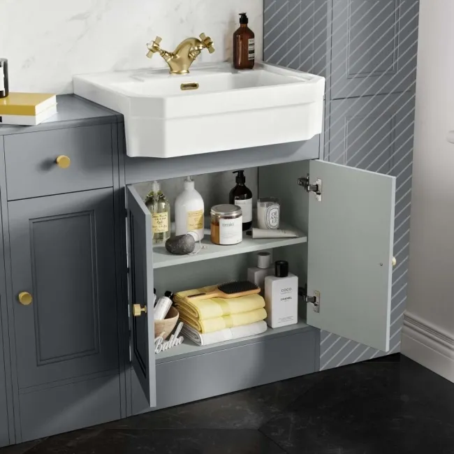 Monaco Dove Grey Combination Vanity Traditional Basin and Hudson Toilet with Wooden Seat 1500mm - Brushed Brass Accents