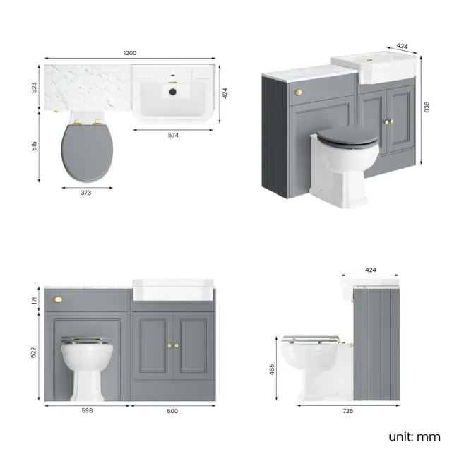 Monaco Dove Grey Combination Vanity Traditional Basin with Marble Top & Hudson Toilet with Wooden Seat 1200mm - Brushed Brass Accents