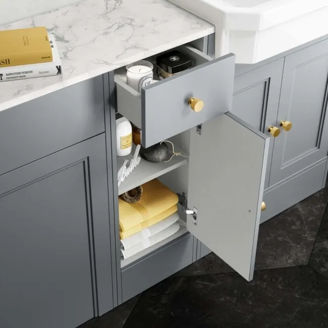 Monaco Dove Grey Combination Vanity Traditional Basin with Marble Top & Hudson Toilet with Wooden Seat 1500mm - Brushed Brass Accents