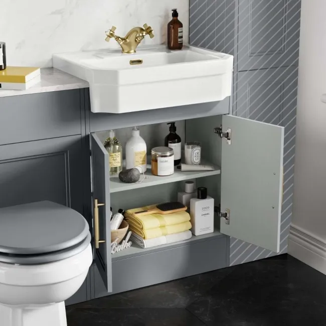 Monaco Dove Grey Combination Vanity Traditional Basin with Marble Top & Hudson Toilet with Wooden Seat 1200mm - Brass Knurled Handles