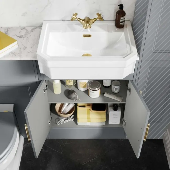 Monaco Dove Grey Combination Vanity Traditional Basin with Marble Top & Hudson Toilet with Wooden Seat 1200mm - Brass Knurled Handles