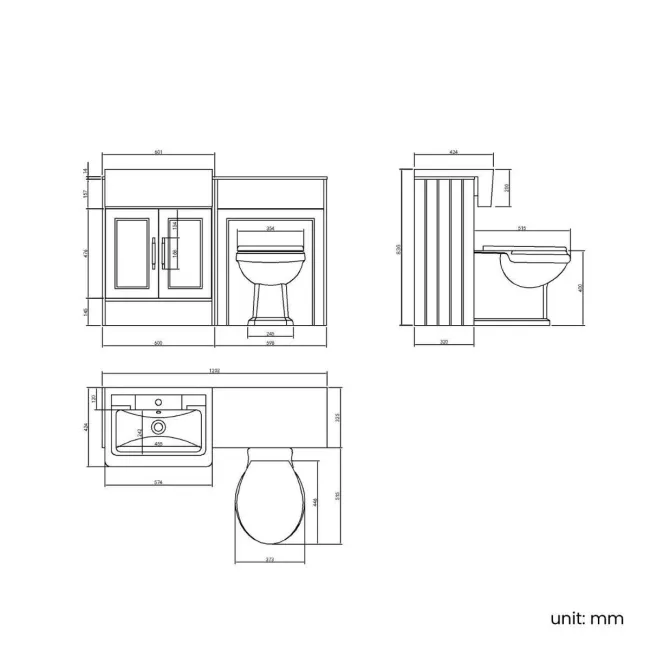 Monaco Dove Grey Combination Vanity Traditional Basin with Marble Top & Hudson Toilet with Wooden Seat 1200mm - Brass Knurled Handles
