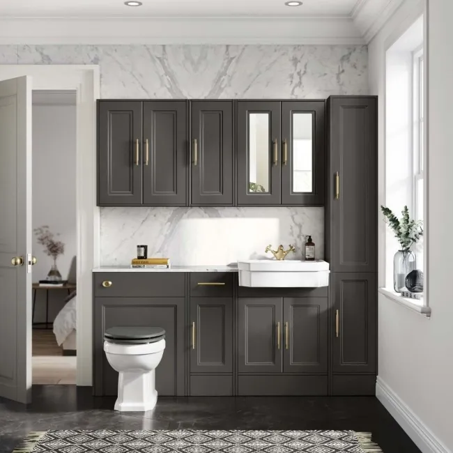 Monaco Graphite Grey Combination Vanity Traditional Basin with Marble Top & Hudson Toilet with Wooden Seat 1500mm - Brass Knurled Handles