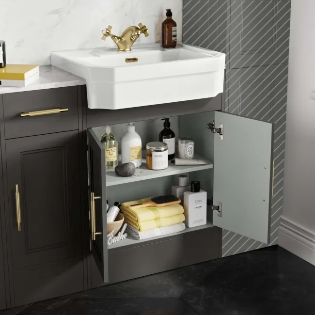 Monaco Graphite Grey Combination Vanity Traditional Basin with Marble Top & Hudson Toilet with Wooden Seat 1500mm - Brass Knurled Handles