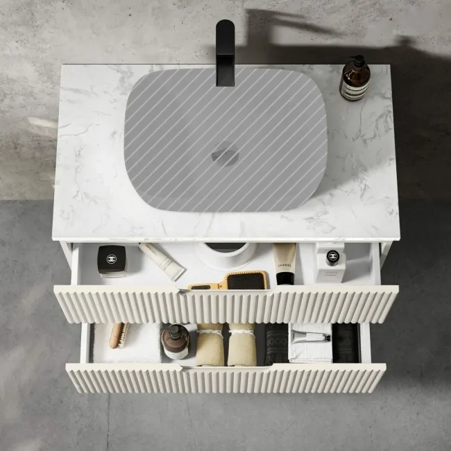 Crete Fluted Linen White Wall Hung Drawer Vanity with Marble Top 800mm - Excludes Counter Top Basin