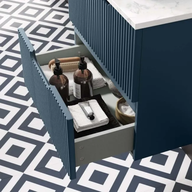 Crete Fluted Navy Blue Wall Hung Drawer Vanity with Marble Top & Curved Basin 600mm