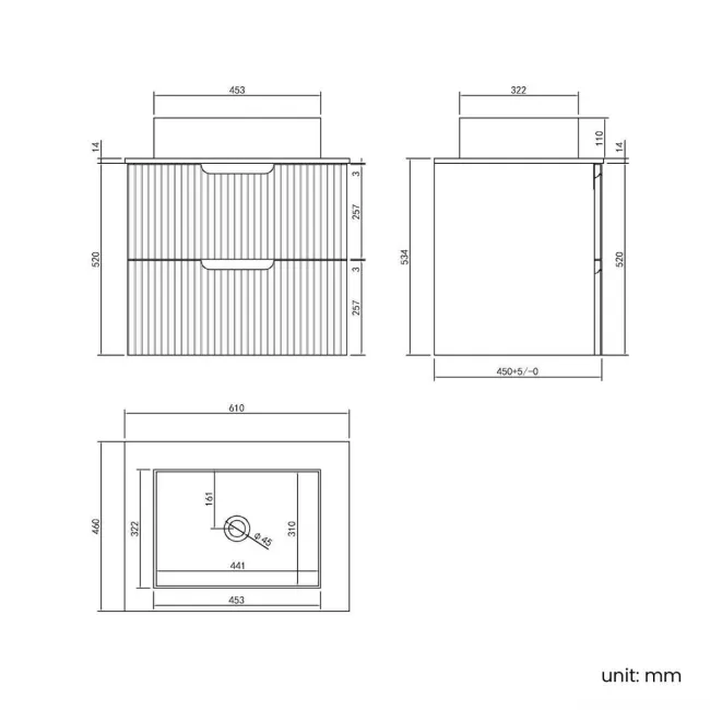 Crete Fluted Navy Blue Wall Hung Drawer Vanity with Marble Top & Cody Basin 600mm