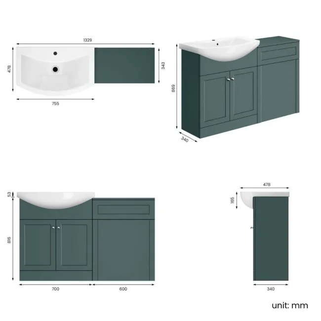 Capri Mystic Green Basin Vanity and Back To Wall Unit 1350mm (Excludes Toilet) - Chrome Handles