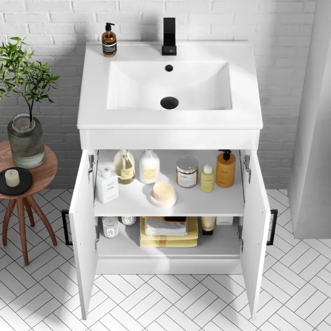 Mersey Gloss White Basin Vanity and Back To Wall Unit 1100mm (Excludes Toilet) - Black Accents