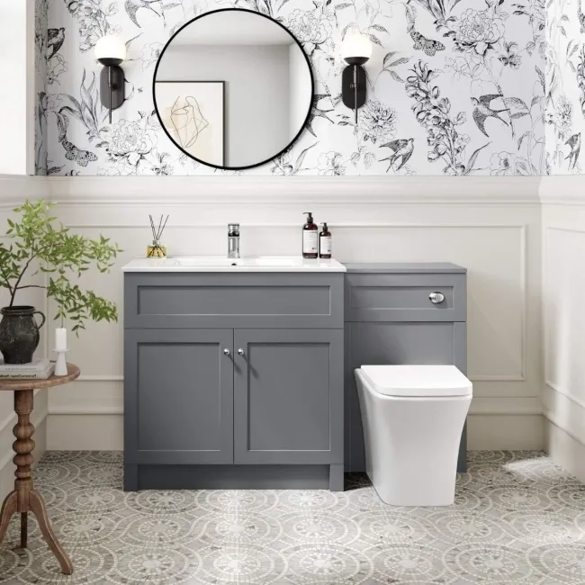 Milos Fog Grey Combination Vanity Basin and Houston Toilet 1300mm - Chrome Handles