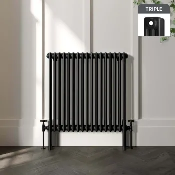 Athens Matt Black Triple Column Horizontal Traditional Radiator 750x785mm