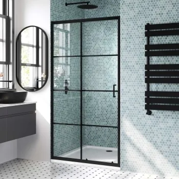 London Matt Black Grid 6mm Sliding Shower Door 1100mm