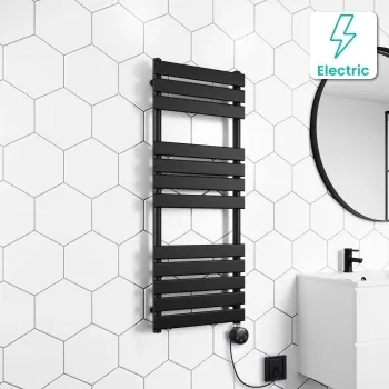 Santorini Electric Matt Black Flat Panel Heated Towel Rail 1200x450mm