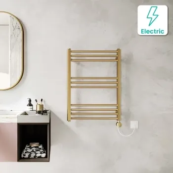 Barcelona Electric Brushed Brass Straight Heated Towel Rail 800x600mm