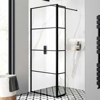 Munich Matt Black Grid 8mm Wet Room Shower Glass 700mm & 250mm Pivotal Return Panel