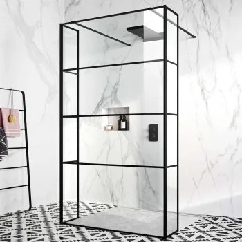 Munich Matt Black Grid 8mm Walk Through Wet Room Shower Glass Panel 1100mm & 250mm Return Panel