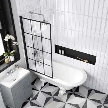 Abingdon 1500 Roll Top Shower Bath - White Ball Feet & 6mm Easy Clean Matt Black Grid Screen