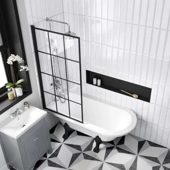 Abingdon 1500 Roll Top Shower Bath - Black Claw Feet & 6mm Easy Clean Matt Black Grid Screen