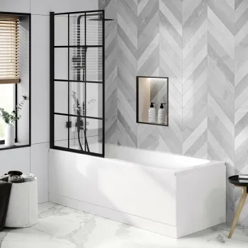 Hereford Square Shower Bath 1700x750 & 6mm Easy Clean Matt Black Grid Bath Screen