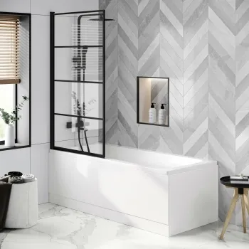 Hereford 1500x700 Square Shower Bath & 6mm Easy Clean Matt Black Grid Bath Screen