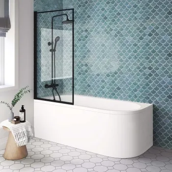 Oakham 1700 Space Saving Shower Bath & 6mm Easy Clean Matt Black Framed Bath Screen - Left Handed