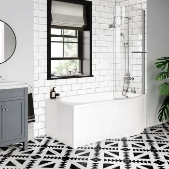 P Shaped 1500 Shower Bath with Front Panel & 6mm Easy Clean Screen with Rail - Right Handed